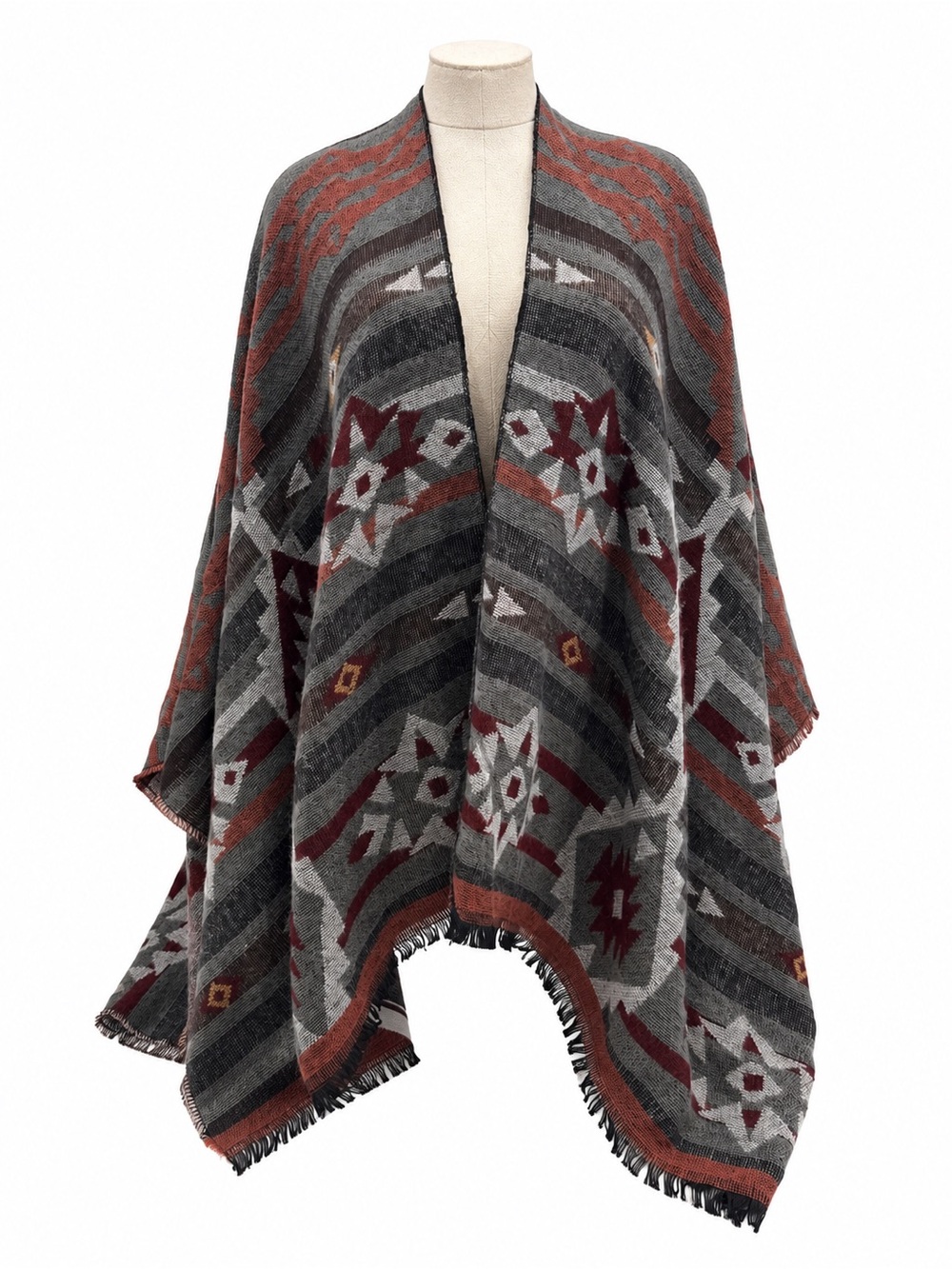 FITS Southwestern Blanket Poncho Wrap One Size Gray Rust Burgundy Aztec Fringe
